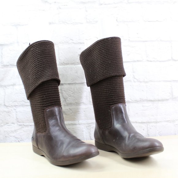 Lacoste Brown Ribbed Knit Mid Calf Leather Boots Size 7 - Picture 3 of 9